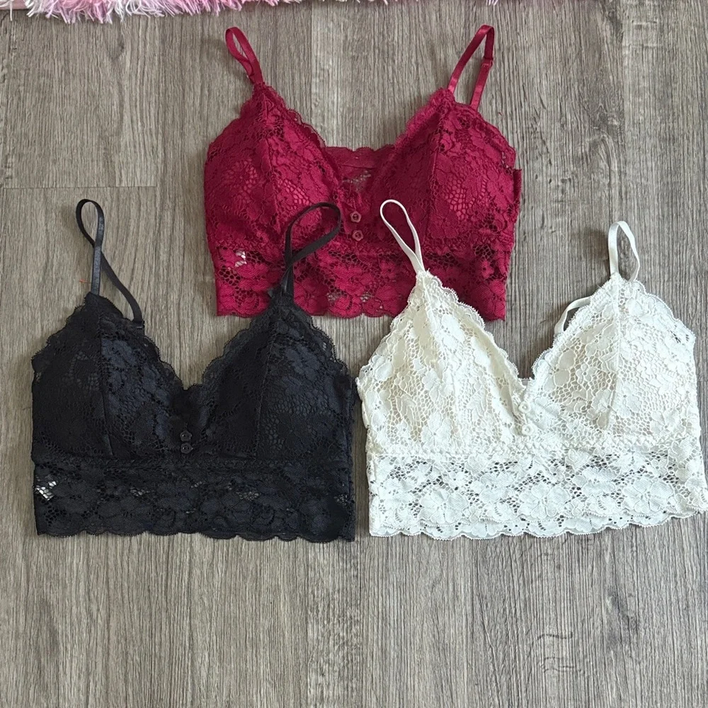 Elegant Lace Bralette Trio - Burgundy, Black, and Cream